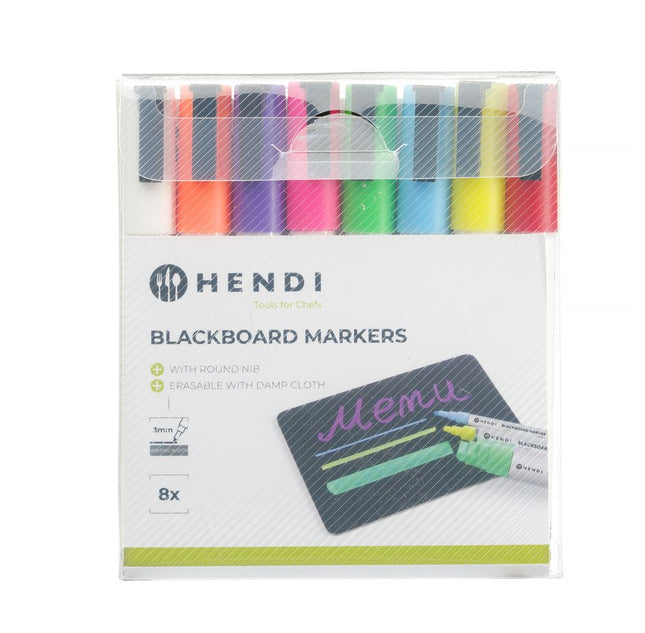 HENDI Kreidemarker 3 mm – Marker 1x weiß – 1x rot – 1x blau – 1x grün – 1x gelb – 1x violett – 1x orange und 1x pink – Produktansicht
