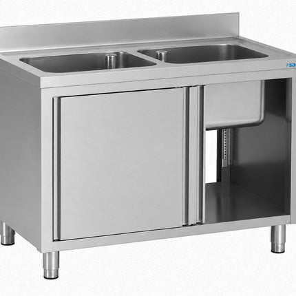 Saro Spülschrank mit Schiebetüren 1200mm 2 Becken mittig Edelstahl
