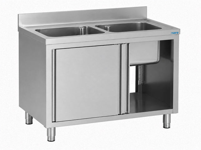 Saro Spülschrank mit Schiebetüren 1400mm 2 Becken mittig Edelstahl
