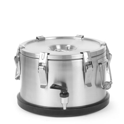 HENDI Isolierter tragbarer Behälter - mit Ablasshahn – Profi Line – 10 l – Silber – Ø 330 × H 220 mm – Produktansicht