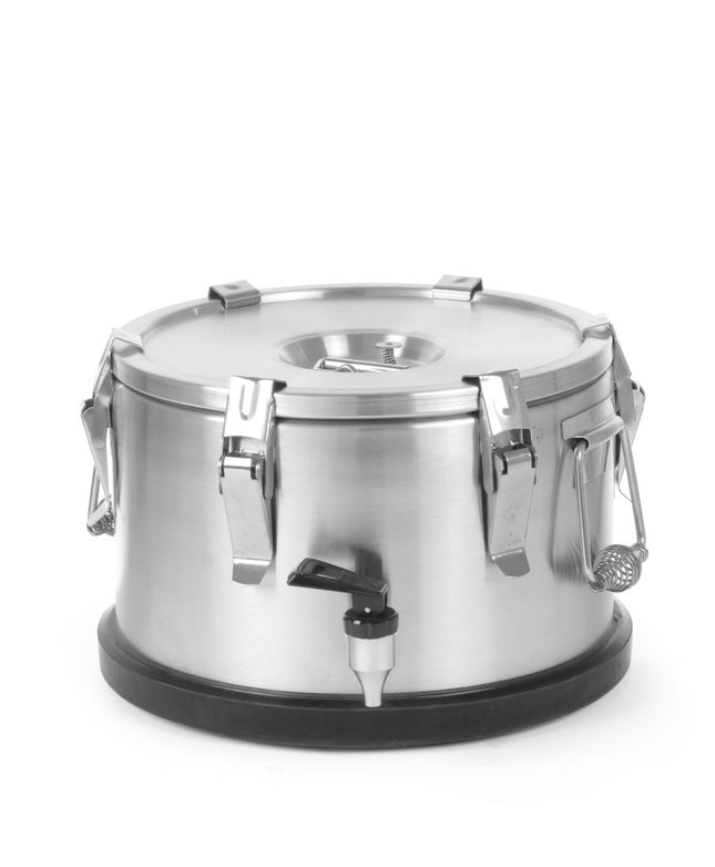 HENDI Isolierter tragbarer Behälter - mit Ablasshahn – Profi Line – 10 l – Silber – Ø 330 × H 220 mm – Produktansicht