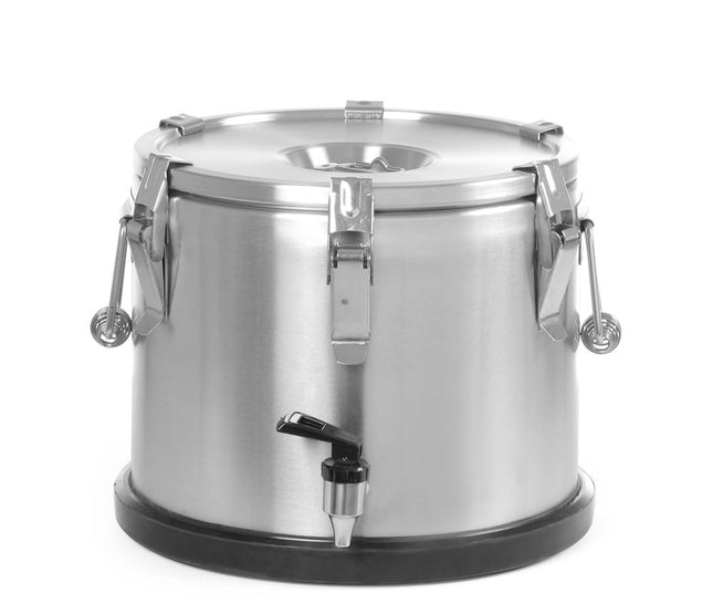 HENDI Isolierter tragbarer Behälter - mit Ablasshahn – Profi Line – 15 l – Silber – Ø 330 × H 280 mm – Produktansicht