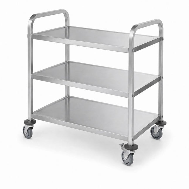HENDI Servierwagen –  schmal –  verschraubt – Silber – 745 × 398 × H 810 mm – 3 Regalböden  – Produktansicht