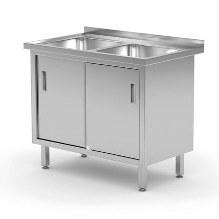 HENDI Tisch mit 2 Spülbecken – Schrank – verschweißt – mit Schiebetüren – Profi Line – 1000 × 600 × 850 mm – Produktansicht