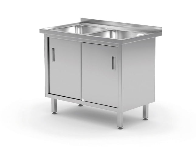HENDI Tisch mit 2 Spülbecken – Schrank – verschweißt – mit Schiebetüren – Profi Line – 1000 × 600 × 850 mm – Produktansicht