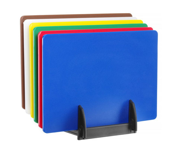 HENDI Satz mit 6 Schneidebrettern HACCP mit Halterung. – 450 × 300 mm – 6 Stück – Produktansicht