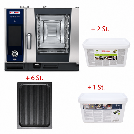 <tc>Rational</tc> iCombi Pro 6-1/1 electric combi steamer including 6x Risoli GN 1/1 grill plates, 2x <tc>Rational</tc> Active Cleaning Tabs, 1x <tc>Rational</tc> Rinse aid tablets with Care Control