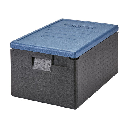 Cambro Cam GoBox® Toplader, Transportbox schwarz mit Deckel, eisblau, passend für GN 1/1 200 mm tief - EPP180CL362