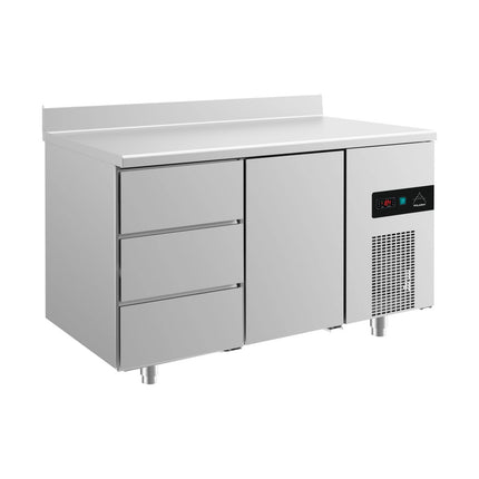 Kühltisch -2 bis +8°C 1400x700x850mm mit 1x Tür und 1x drei Schubladen u. Aufkantung von A & S Gastro – Kühltische für die Gastronomie