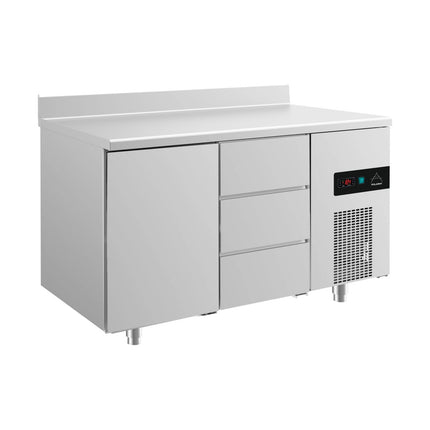 Kühltisch -2 bis +8°C 1400x700x850mm mit 1x Tür und 1x drei Schubladen u. Aufkantung von A & S Gastro – Kühltische für die Gastronomie