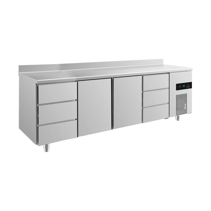 Kühltisch -2 bis +8°C 2330x700x850mm mit 2x Türen und 2x drei Schubladen u. Aufkantung von A & S Gastro – Kühltische für die Gastronomie
