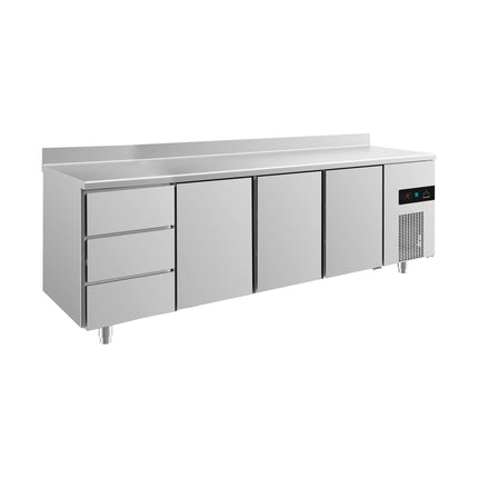 Kühltisch -2 bis +8°C 2330x700x850mm mit 3x Tür und 2x drei Schubladen u. Aufkantung von A & S Gastro – Kühltische für die Gastronomie