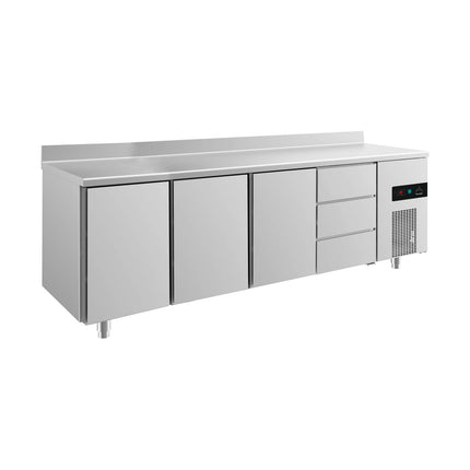 Kühltisch -2 bis +8°C 2330x700x850mm mit 3x Türen und 1x drei Schubladen u. Aufkantung von A & S Gastro – Kühltische für die Gastronomie