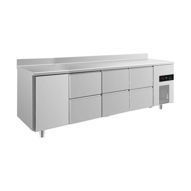 Kühltisch -2 bis +8°C 2330x700x850mm mit 1x Tür und 3x zwei Schubladen u. Aufkantung von A & S Gastro – Kühltische für die Gastronomie