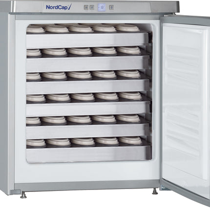 NordCap Rückstellproben-Tiefkühlschrank RGS 120 mit 6 Edelstahlsystemblechen und 115 Probendosen