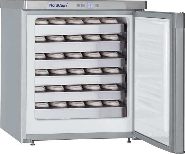 NordCap Rückstellproben-Tiefkühlschrank RGS 120 mit 6 Edelstahlsystemblechen und 115 Probendosen