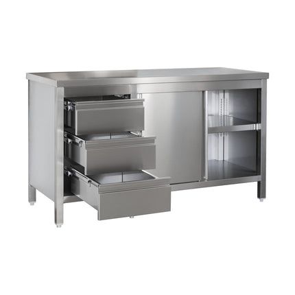 Edelstahl Arbeitsschrank mit Schubladenblock links. Türen und höhenverstellbaren Zwischenboden | Bautiefe 700mm | AISI 304 von A & S Gastro – Edelstahlmöbel für die Gastronomie