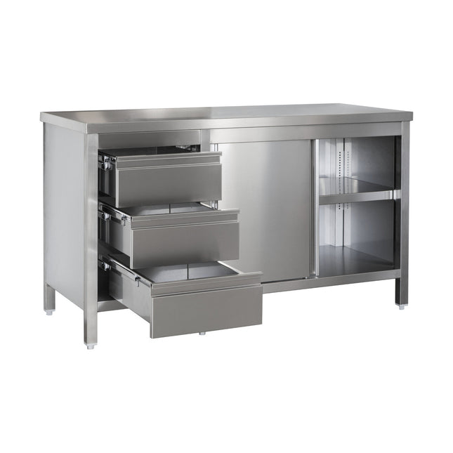 Edelstahl Arbeitsschrank mit Schubladenblock links. Türen und höhenverstellbaren Zwischenboden | Bautiefe 700mm | AISI 304 von A & S Gastro – Edelstahlmöbel für die Gastronomie
