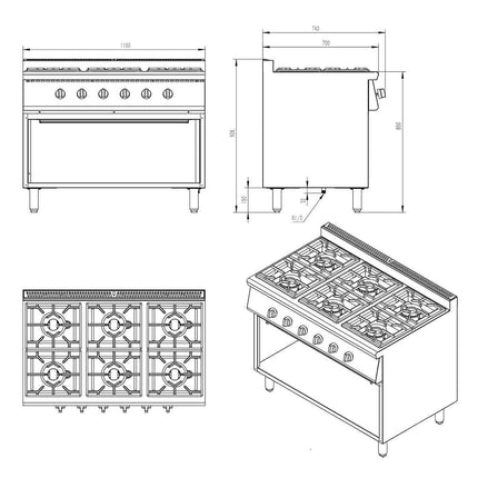 Vaiotec Gasherd Easyline 1100x700x850mm 6 Brenner 43,2kW offener Unterbau inkl. Kamin Ausstellungsstück