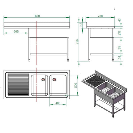 Vaiotec Spülcenter Easyline 700 mit 2 Becken rechts B:1600 Ausstellungsstück