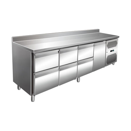 VIP Kühltisch mit 3x 2 Schubladen und 1 Tür und Aufkantung -2 bis +8°C 2.230x600x960 mm von A & S Gastro – Kühltische für die Gastronomie