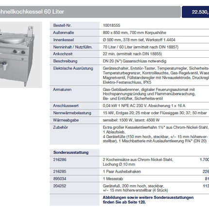 MKN Schnellkochkessel OPTIMA 850 Gas 60L 15kW 230 V Sonderausstattung gebraucht Vorführgerät - Salmgastro Onlineshop - 8175283 - MKN - 