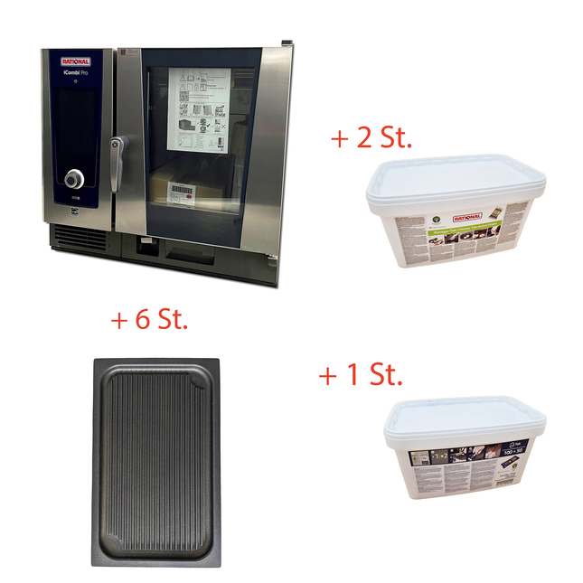 <tc>Rational</tc> Vaporera combinada iCombi Pro 6-1/1 eléctrica incluye 6 bandejas de parrilla Risoli GN 1/1, 2 <tc>Rational</tc> Pestañas limpiadoras activas, 1x <tc>Rational</tc> Pastillas de abrillantador con Care Control