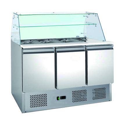 Saladette mit eingebauter Kühlung und Glasaufsatz | 3 Türen | Volumen: 333 Liter | 1365 x 700 x 1310 mm von A & S Gastro – Kühltische für die Gastronomie