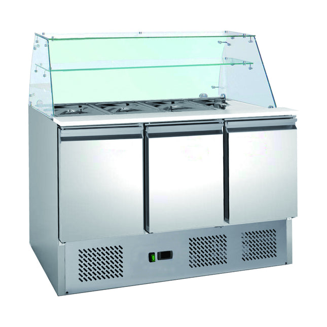 Saladette mit eingebauter Kühlung und Glasaufsatz | 3 Türen | Volumen: 333 Liter | 1365 x 700 x 1310 mm von A & S Gastro – Kühltische für die Gastronomie