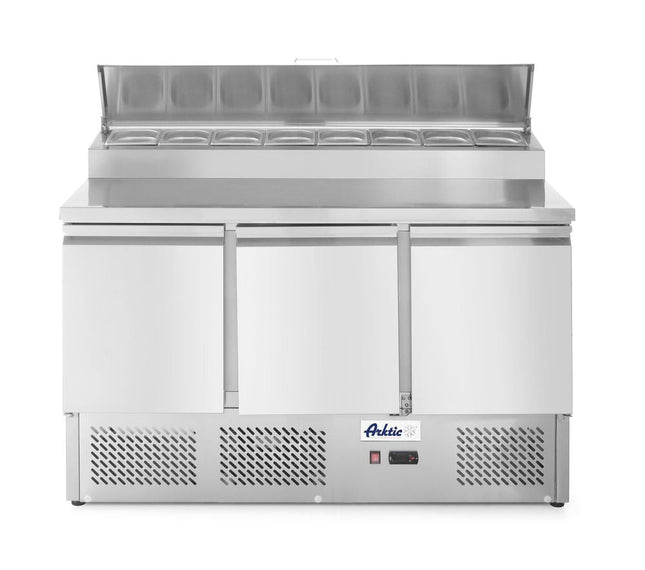 Kühltisch, dreitürig mit Aufsatz-Kühlvitrine 380 L, Arktic, 230V/310W, 1365x700x(H)1055mm - Salmgastro Onlineshop-232897-Hendi-8711369232897